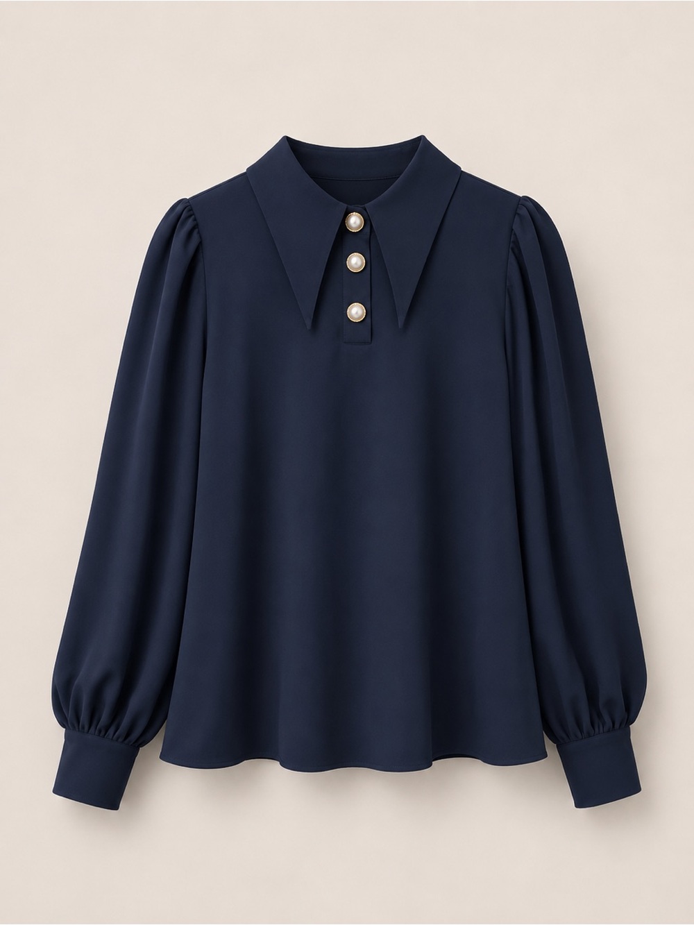 SHEIN Navy Pearl-Button Pointed Collar Blouse